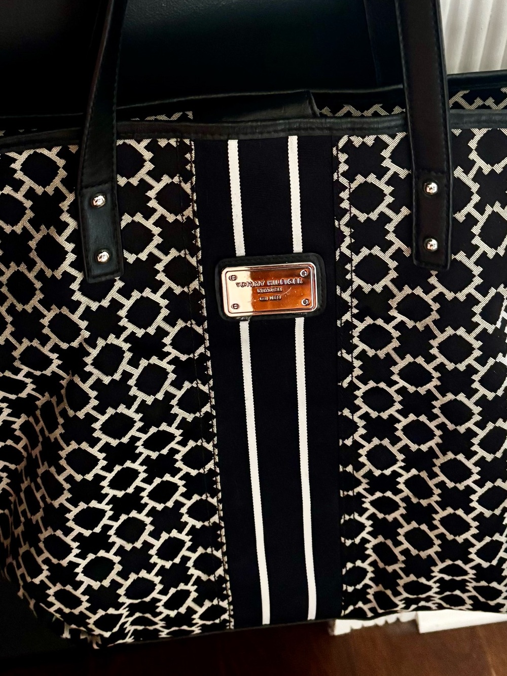 Tommy Hilfiger Black & White Patterned Tote with Center Stripe